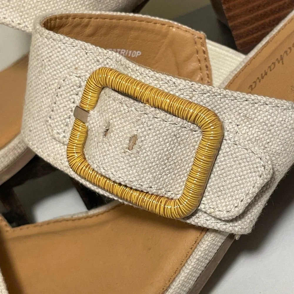 Tommy Bahama Trista Sandal Neutral Tan Linen Block Heel Mule Women’s Size 10 M